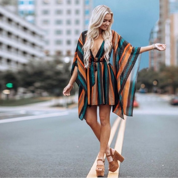 L'Atiste | Multicolor Stripe Plunge V-Neck Flutter Bell Sleeve Mini Dress Small - Picture 3 of 11